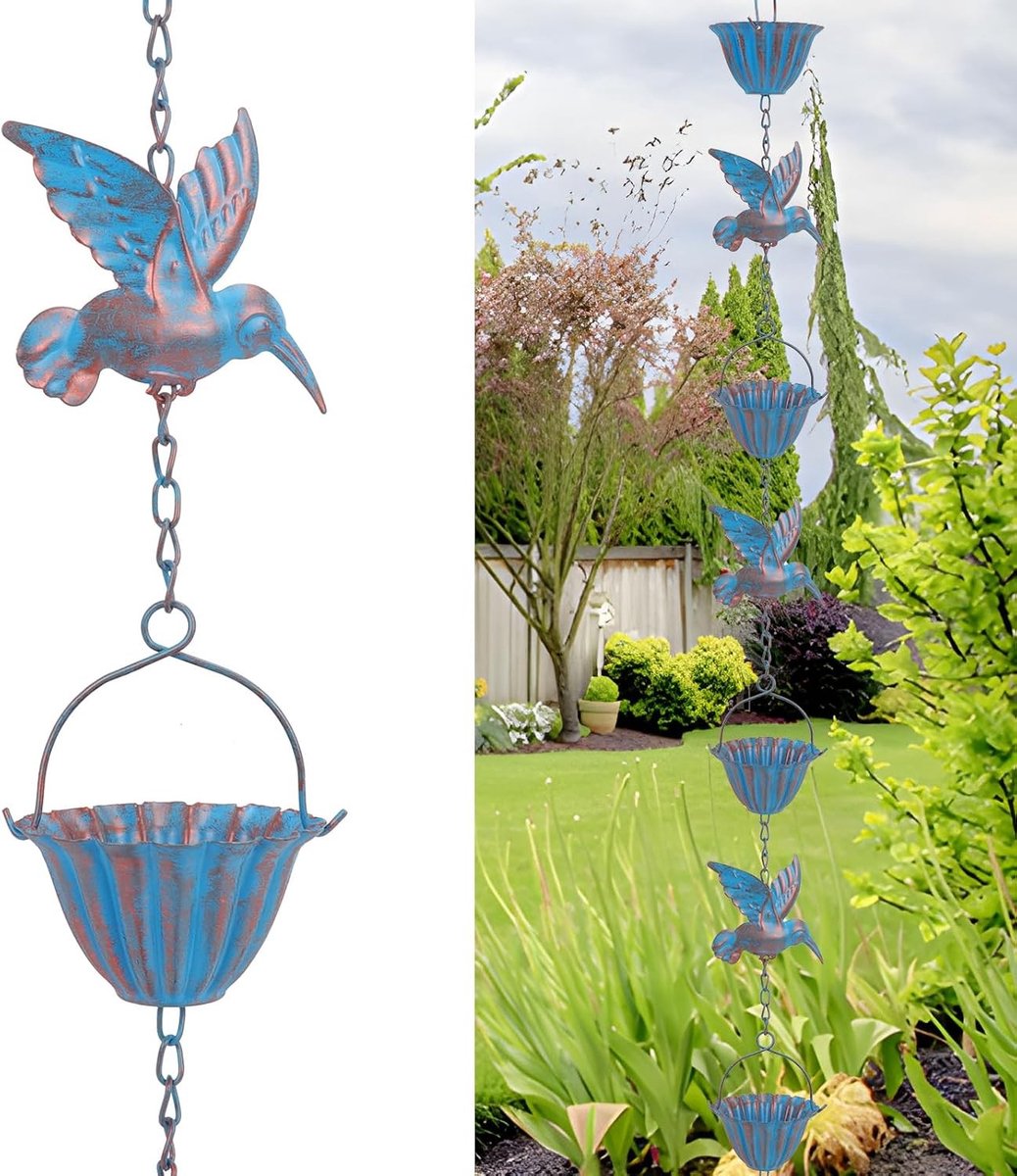 2.4m Regenketting met Kolibries - Metalen Regenafvoerketting in Retro Blauw, 7 Vogels & 7 Bekers voor Dakgoten, Tuin en Huisdecoratie