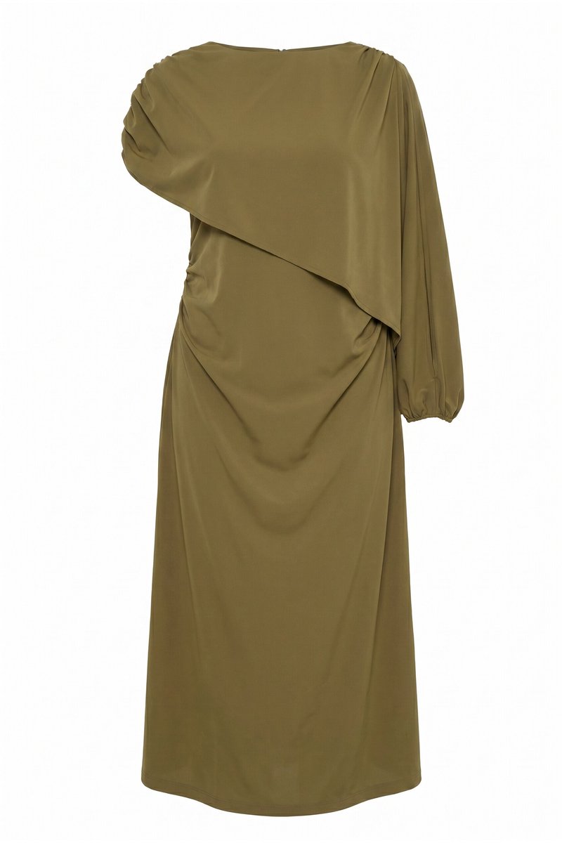 Ulla Popken Dames - Maxi-jurk cape ronde hals lange mouw/korte mouw - Bronsgeel - Maat 46+
