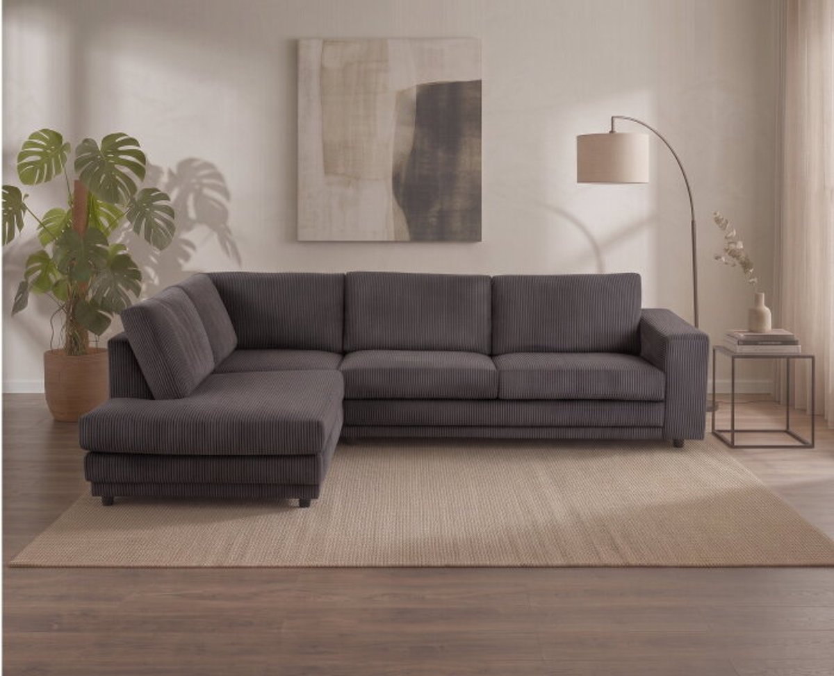 Hoekbank Livaro Antraciet - Zoom 21 Ribstof – Ottomane links – 261x204 cm