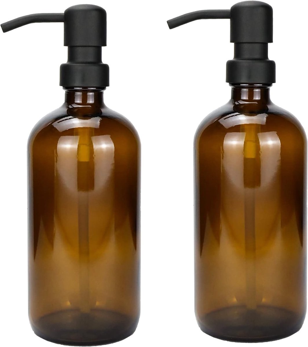 Set van 2 Dikke Glazen Zeepdispensers van 500ml met Zwarte RVS Pomp, Ideaal voor Badkamer en Keuken, Handzeep en Afwasmiddel