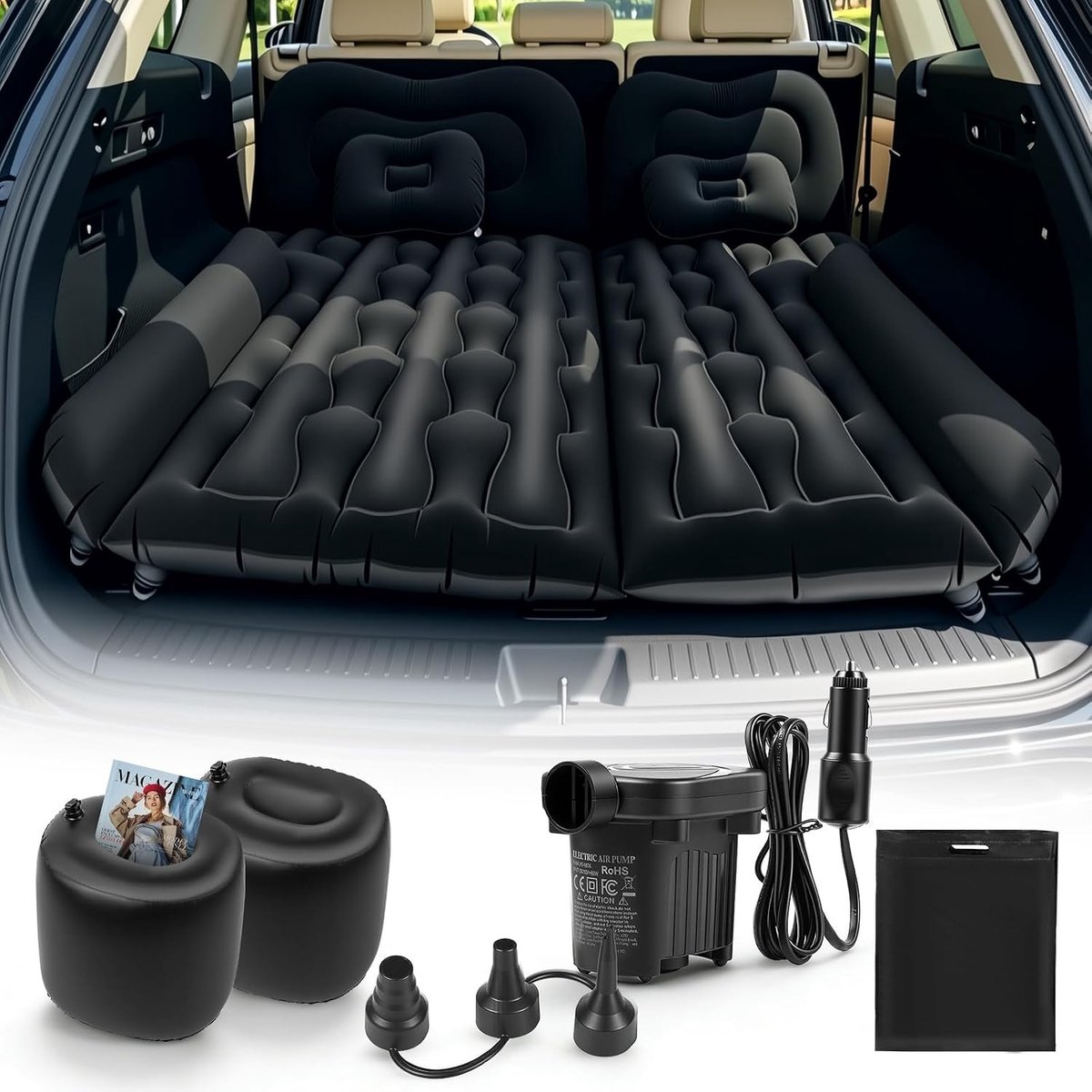 Opblaasbaar Matras voor Auto, Trunk en SUV met Inclusieve 12V Pomp, 2 Kussens en 2 Vulstukken voor Reizen, Kamperen en Buitenactiviteiten