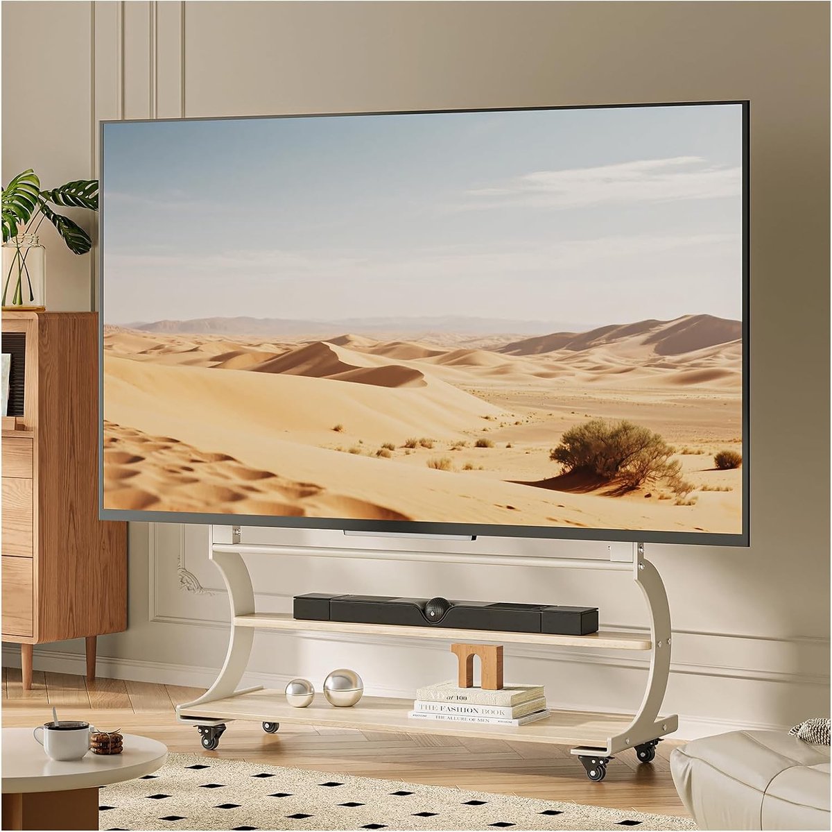 Mobiele TV-stand op wielen voor 50-100 inch TV, hoogte verstelbare trolley met draaibare houten plank, geschikt voor VESA 900 x 600 mm en tot 100 kg draagvermogen