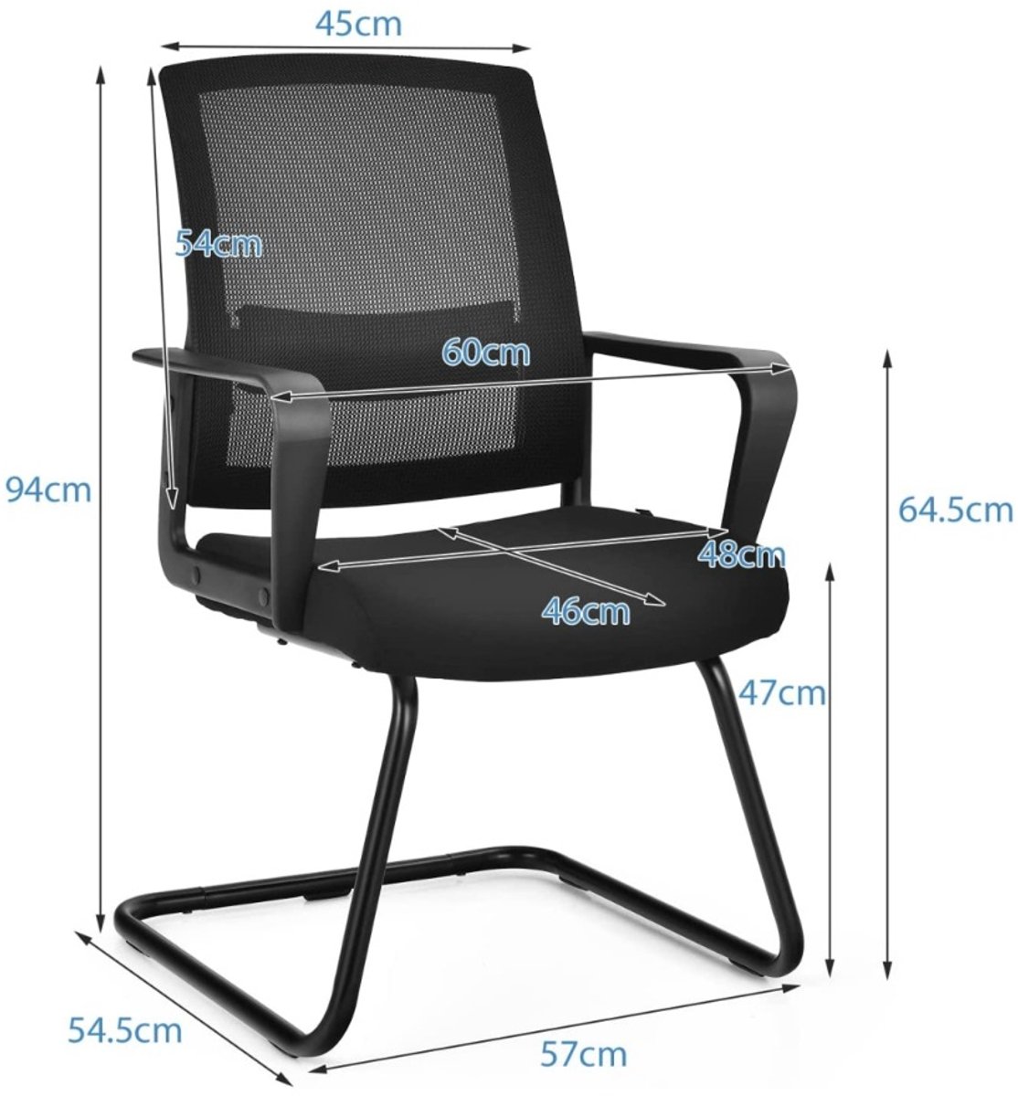 SureDeal® - Bureaustoel - Conferentiestoel - Stevige Sledevormige Basis - Gestoffeerde Zitting Zwart - 60x54,5x94 cm - Zwart