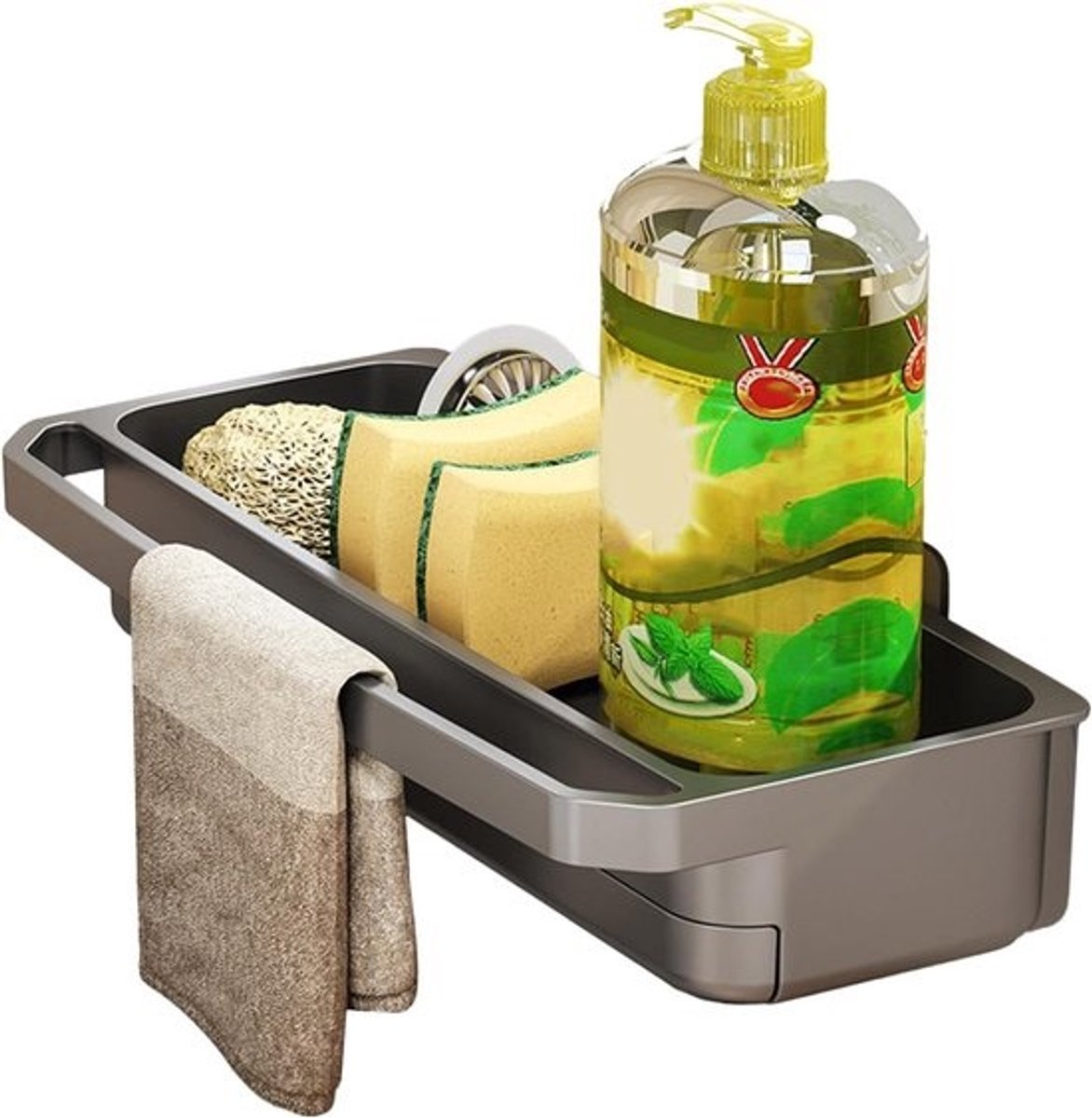 Keuken Sink Organizer - Spons Houder - Keuken Opruimen - Automatische Afvoer - Ruim Formaat - Grijs