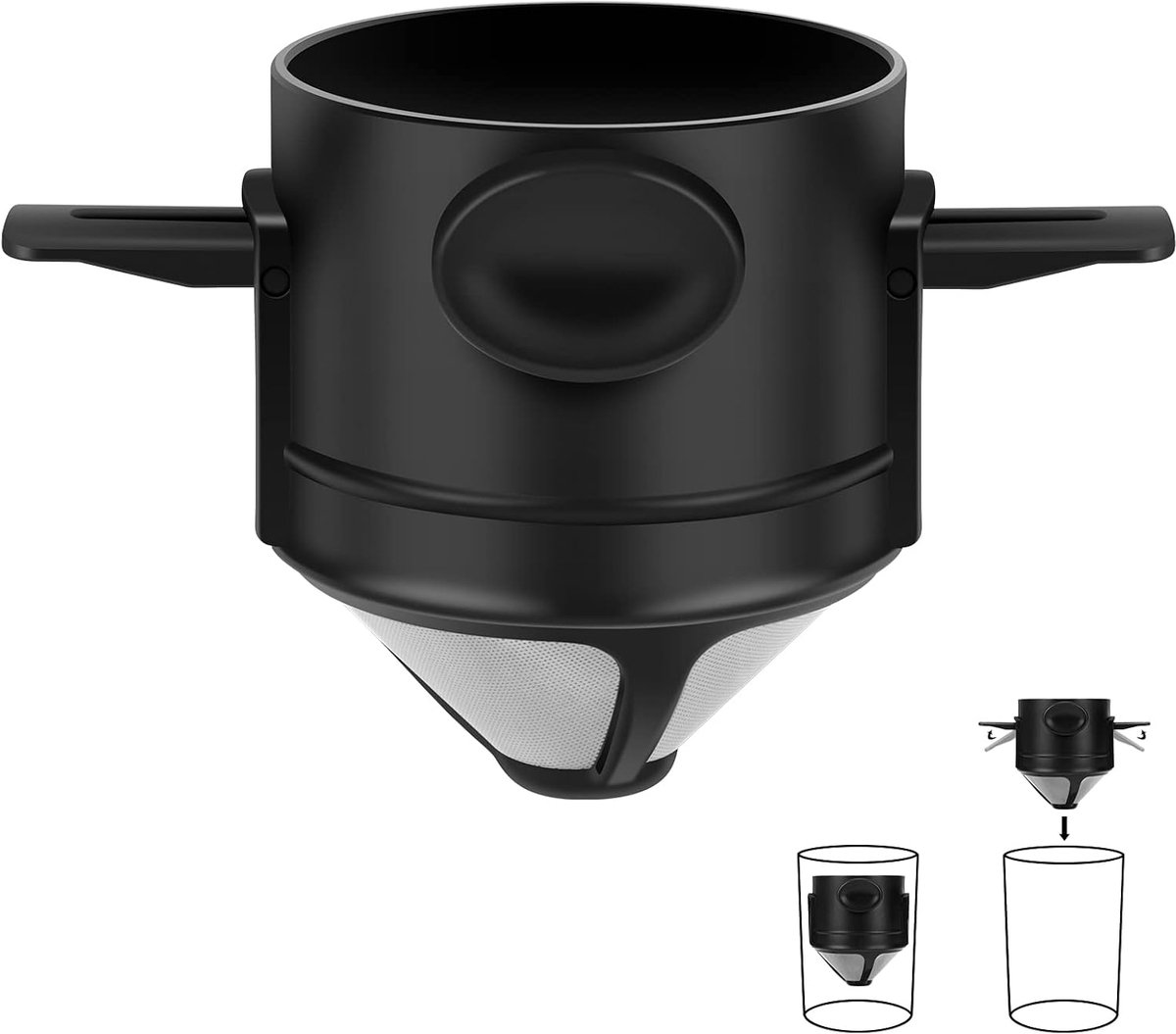 KZQ Opvouwbare pour-over koffiezetter van roestvrij staal - Herbruikbaar filter voor 1 kopje - Papierloos en eenvoudig schoon te maken - Geschikt voor reizen en kamperen - Zwart