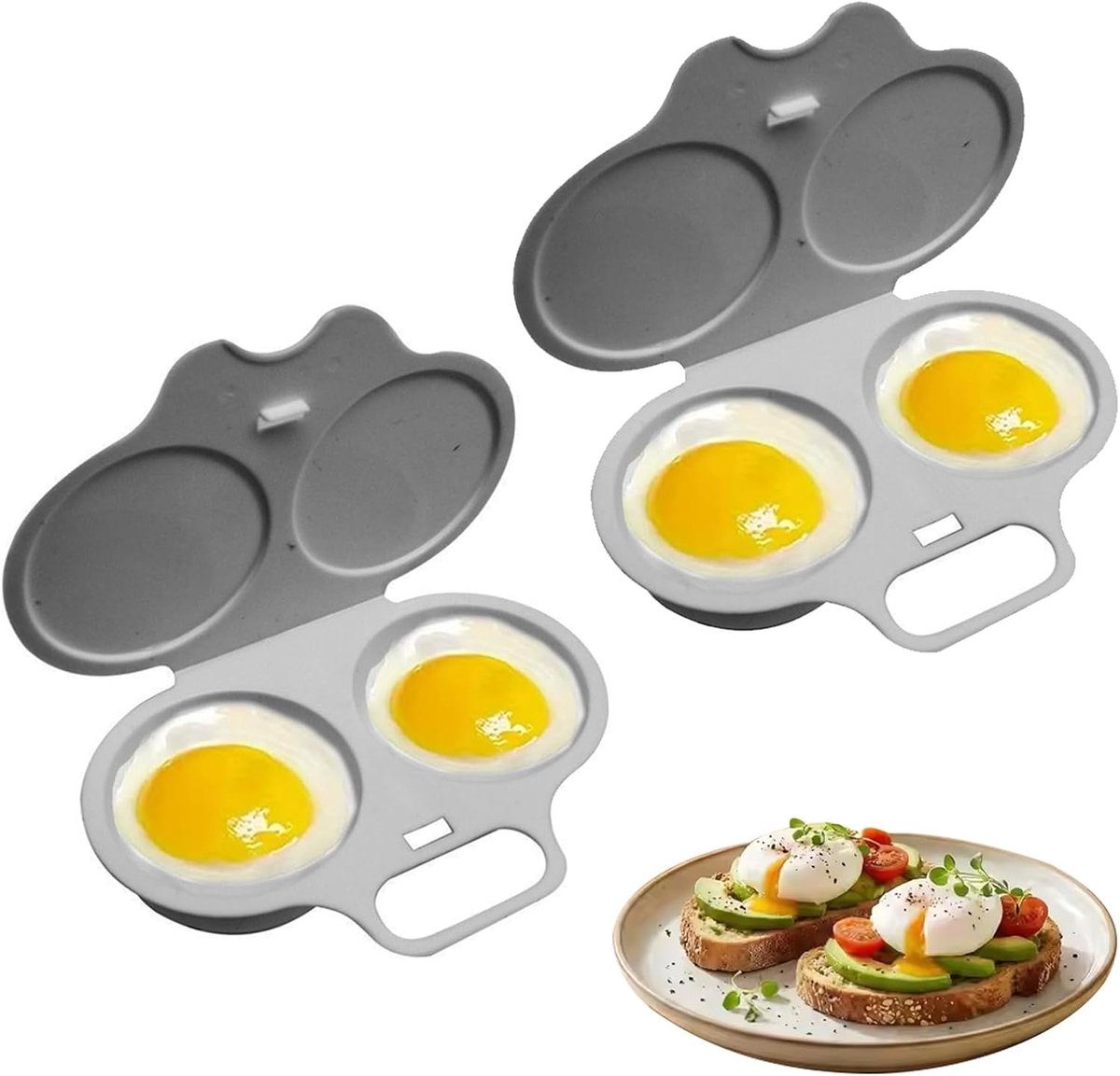 Eierkoker - 2 stuks - Magnetron Eierkoker - Ei Koker - Snelle magnetron-eierkoker - Dubbele Holte - Voedselveilig PP-plastic - Met Deksel en Handvat - Draagbare - Voor het koken van 2 ei - Compact formaat - Voor Keuken Ontbijt - 16x11,5x3cm - grijs