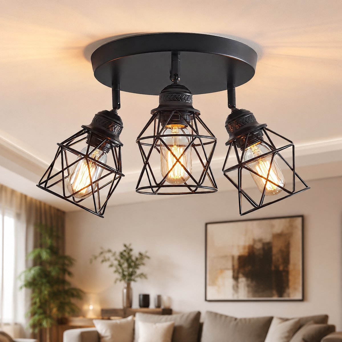 Lapamax Industriële Plafondlamp Zwart 3-Lichts -Plafonnière met 360° Verstelbare Lampkoppen - Metalen Kooi Design - Inclusief 3 LED Lampen -3x E27 Fitting - plafondverlichting voor woonkamer,Keuken, Hal, Eetkamer en Slaapkamer