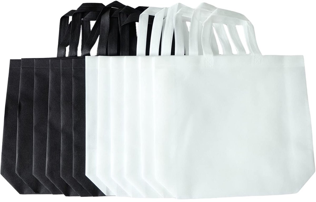 Herbruikbare non-woven boodschappentassen - Set van 12 - Zwart en wit