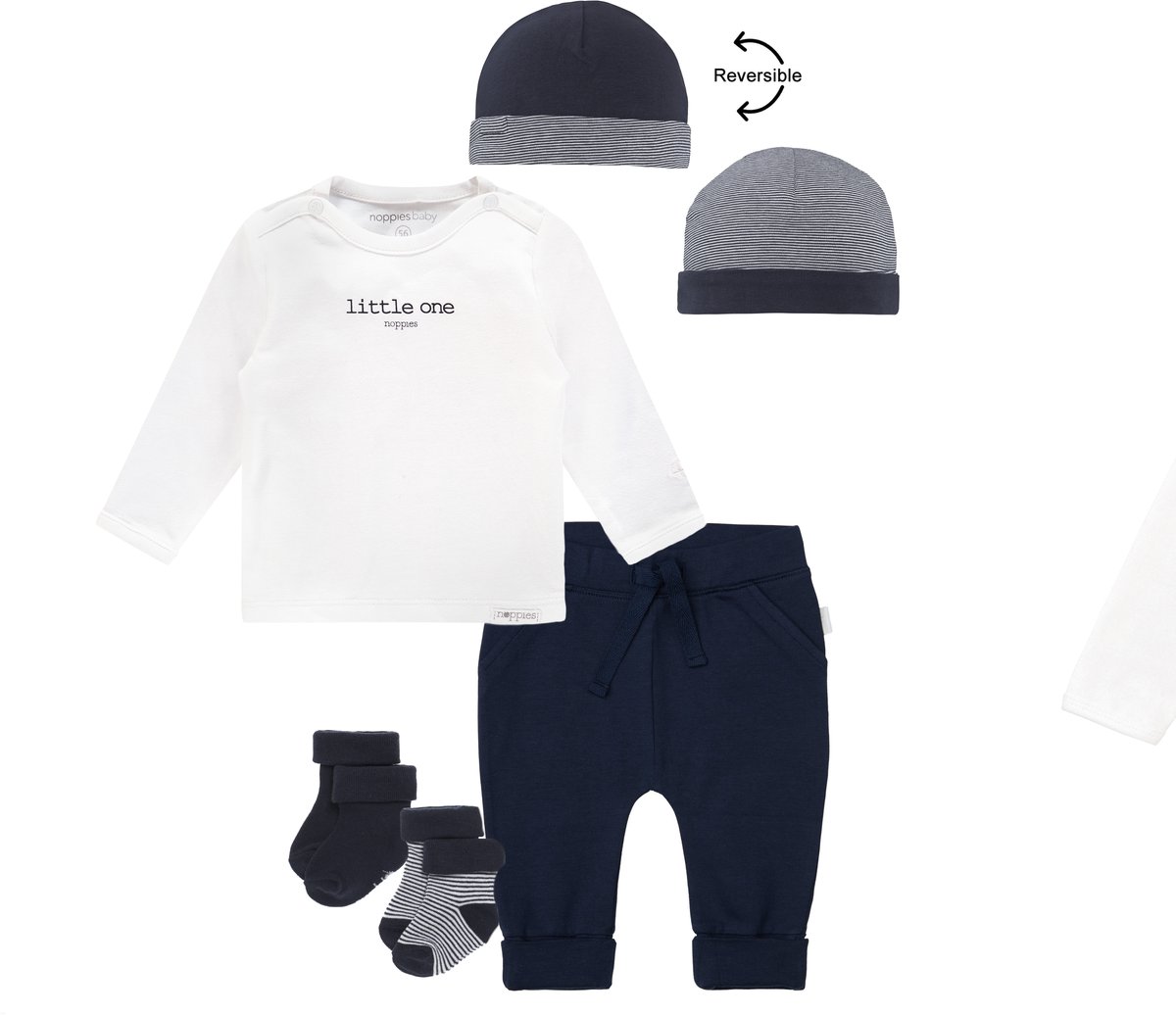 Noppies kledingset - 5delig - Broek Naupli donkerblauw - Shirt Hester wit - Muts en 2 paar sokjes - Maat 56
