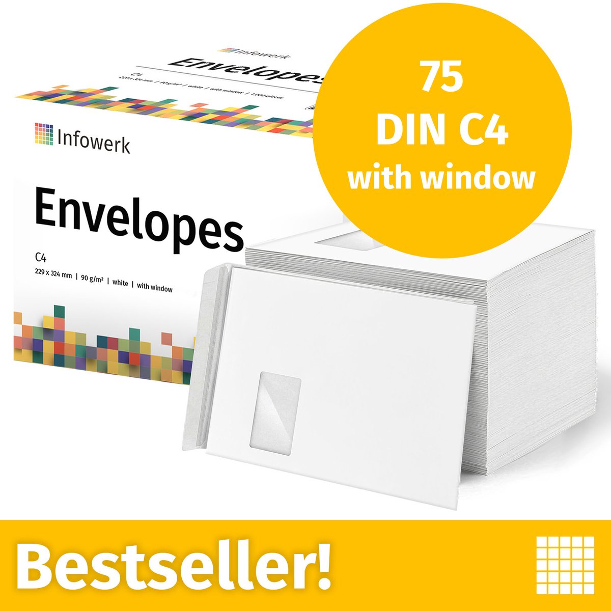 NIEUW: Infowerk Enveloppen met venster, DIN C4, onbedrukt, 75 stuks