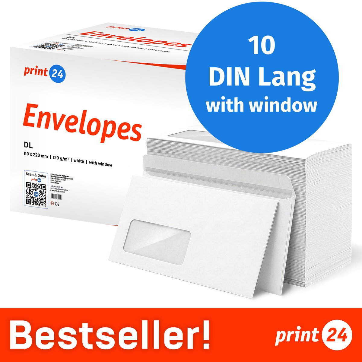 NIEUW: print24 Enveloppen met venster, DIN Lang, onbedrukt, 10 stuks