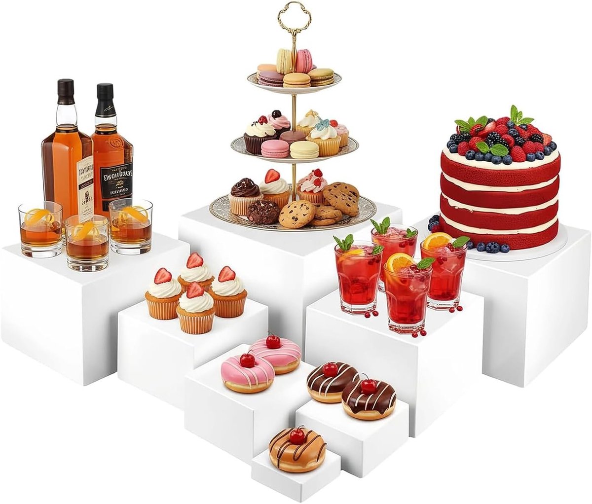 Set van 8 acryl buffetverhogingen en taartstandaard voor aperitief, dessert en snoep, 7,6 - 25,4 cm