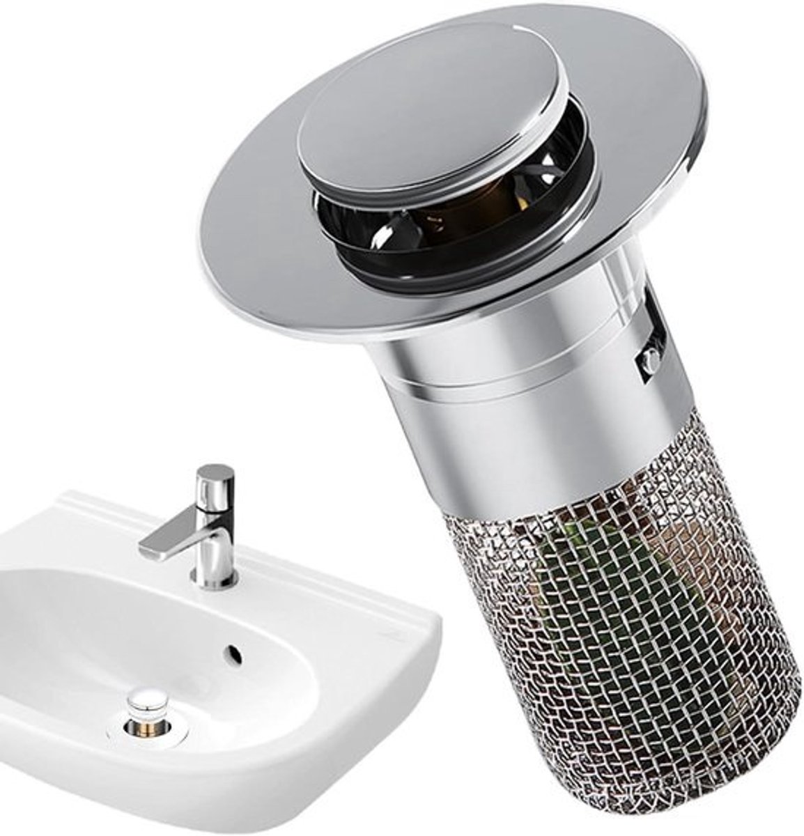 Gootsteen Afvoerstop - Badkamer Stekker - Water Dicht Maken - Met Filtermand - 6x8cm - Zilver