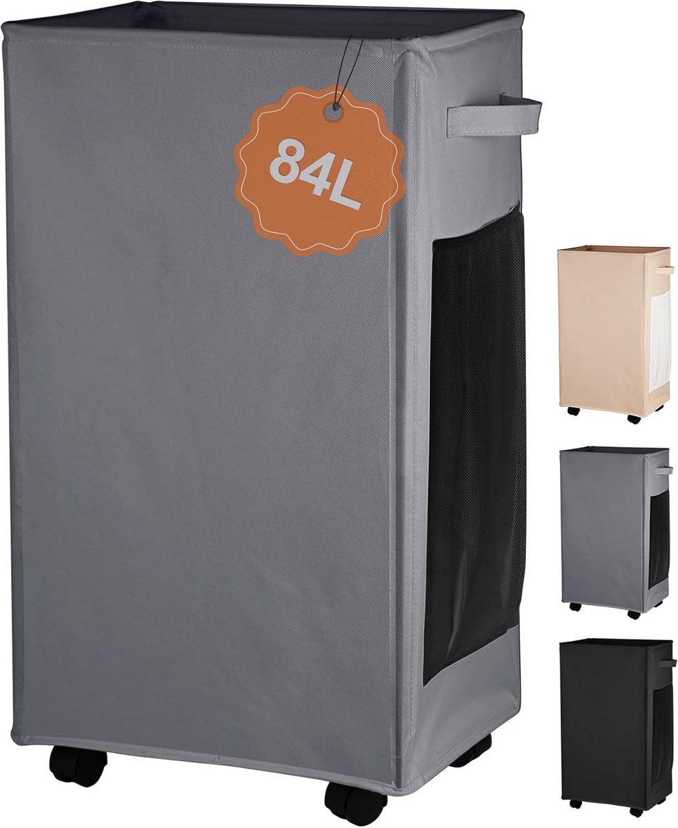 Vouwbare Wasmand met Wielen, Slimme Wasbasket met Zijvakken en Mesh Handvatten, Ideaal voor Studenten en Reizen, Duurzaam 600D Oxford Stof, Donkergrijs