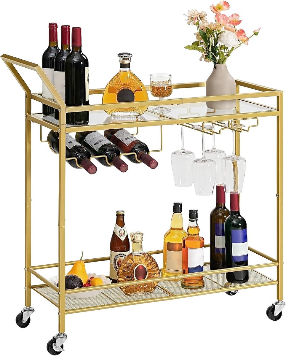 Elegante Gouden Drankwagen met Glazen Plank, Wijnrek en Glashouder voor Thuisgebruik, Ideaal voor Feestjes en Eetkamers