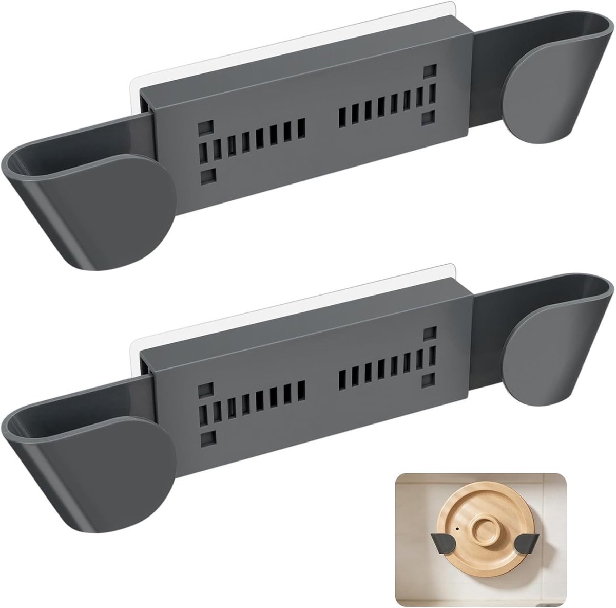 Set van 2 wanddekselhouders, zelfklevend en verstelbaar van 20-11 mm, dekselorganizer voor keukenkastdeuren, ideaal voor ruimtebesparing en gebruiksgemak