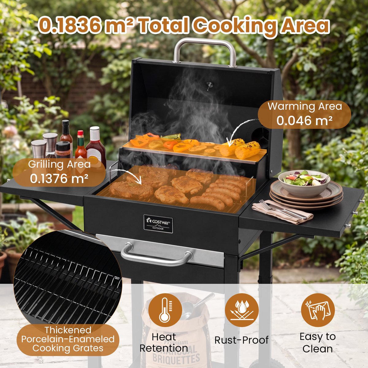 SureDeal® - Kamper - Houtskoolbarbecue - Buiten Barbecuewagen - Zijtafels Grote Rookbarbecue - Thermometer Flesopener - 110x43x105 cm - Zwart