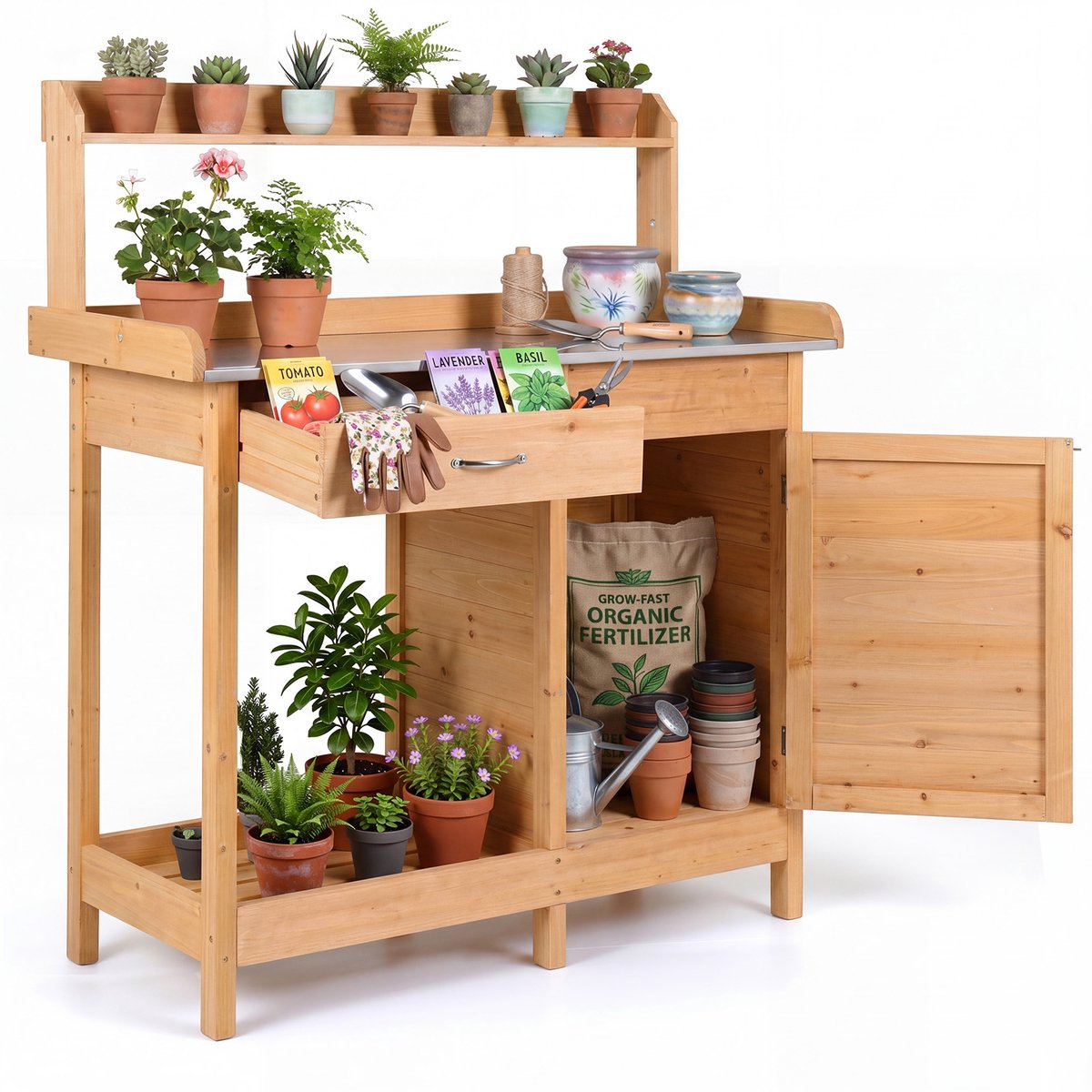 SureDeal® - Tuinier - Plantentafel - Laden - Onderkast Tuintafel Bloementafel - Verzinkt Werkblad Haken - 112x46x125 cm - Naturel