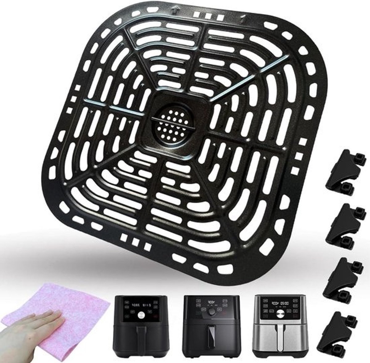 Airfryer Bak - Crisper Plate Grillpan - Gezond Koken - Dubbellaags Antiaanbaklaag - 24.5 x 23.5 cm - Zwart