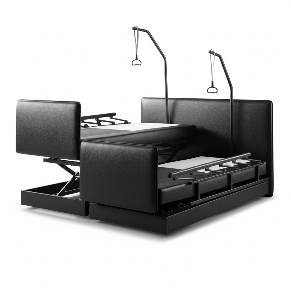 Boxspring CareLift – Hoog-Laag Bed 1-persoons Elektrisch Verstelbaar 100x210 cm – Verzorgingsbed / Seniorenbed – incl. voetbord, zijpanelen & papegaai – Gitzwart lederlook
