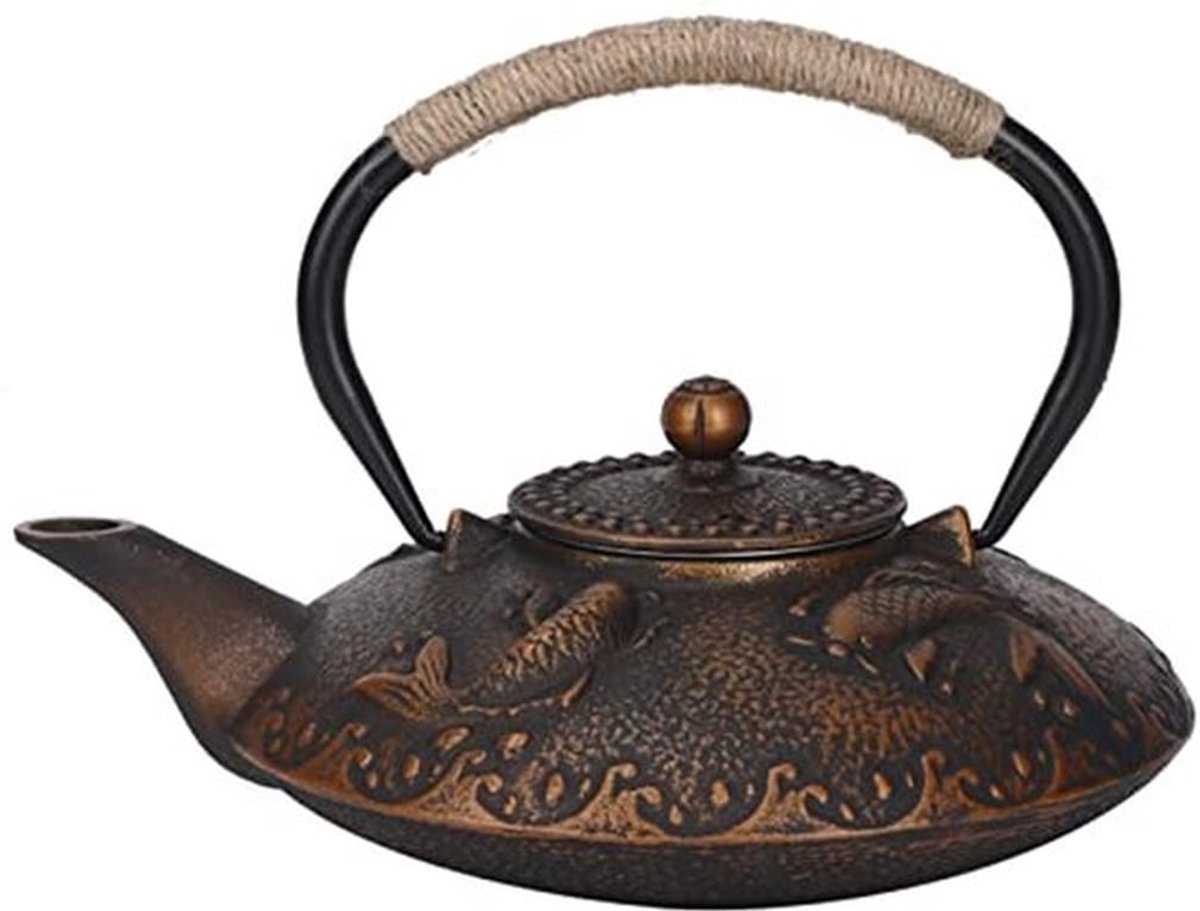 Vintage IJzeren Kettle, Gietijzeren Theepot, Koi Vis Gietijzeren Theepot Set met Handvat en Deksel, Geschikt voor het Maken van Thee en Verzameling (0.9L)