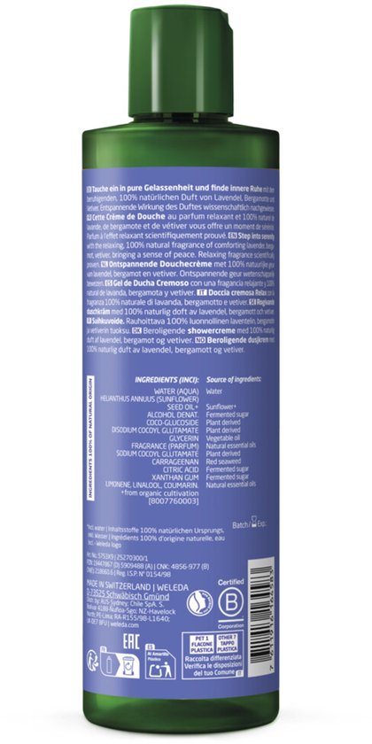 Achterkant Weleda Relax douchecrème fles met ingrediëntenlijst.