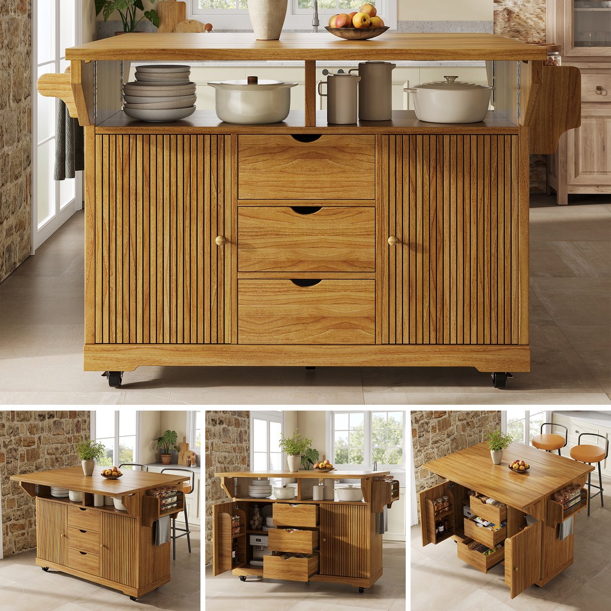 Clruro Keukenwagen - 142,5 x 40-80 x 95 cm - Uitklapbaar - 3 Laden - MDF/Metaal - Donkerbruin