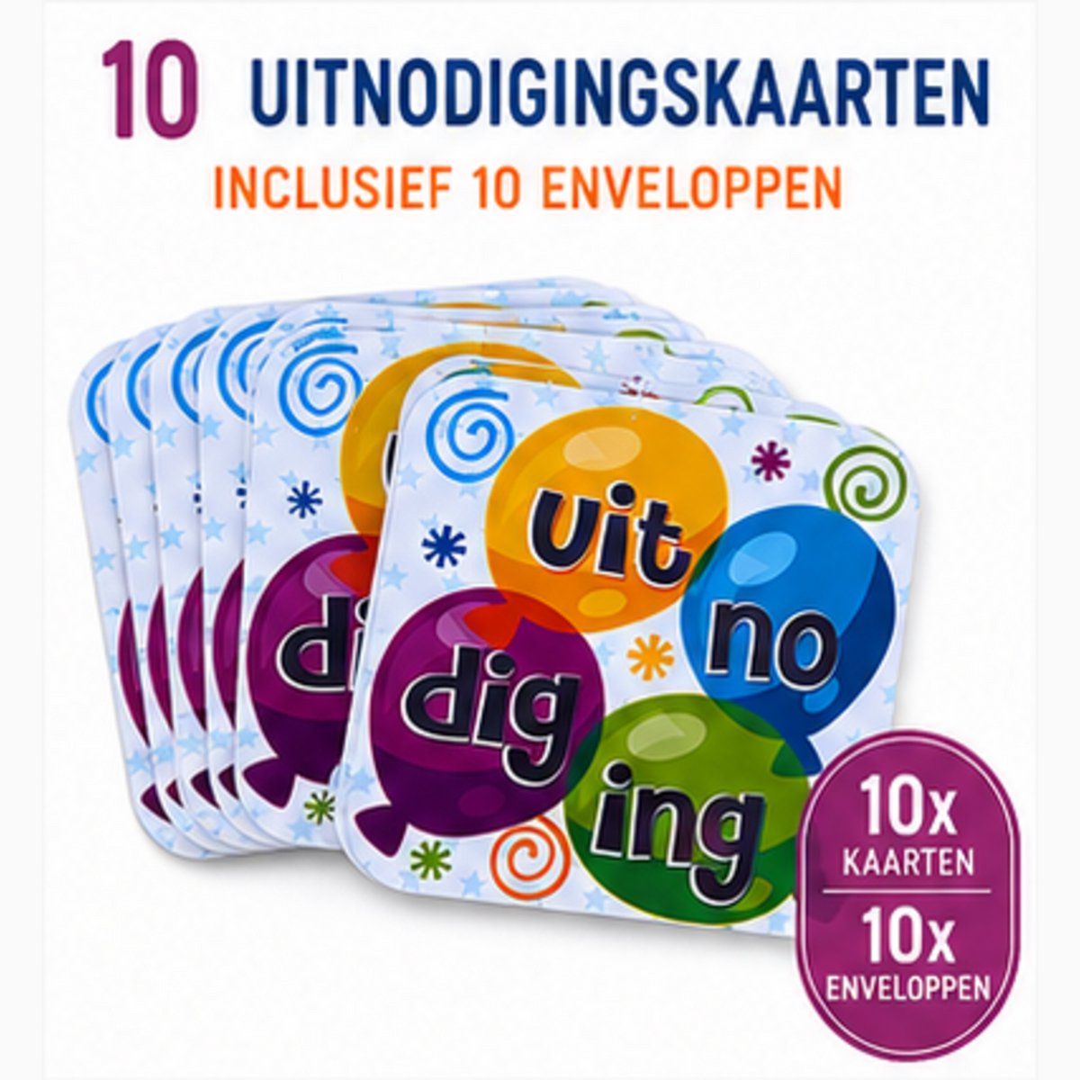 Cards & Crafts Ballonnen Uitnodigingen Kinderfeestje - 10 Uitnodigingskaarten met Enveloppen - 300 g/m² - 15,5 x 15,5 cm