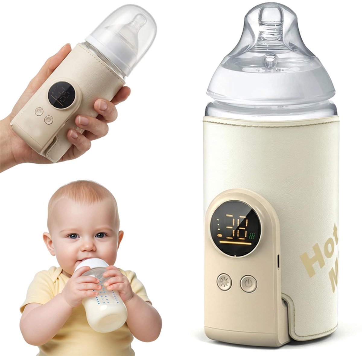 KZQ Draagbare reisflesverwarmer met snel verwarmen - Oplaadbaar en compact - Geschikt voor babyflessen tijdens reizen en uitstapjes - Wit