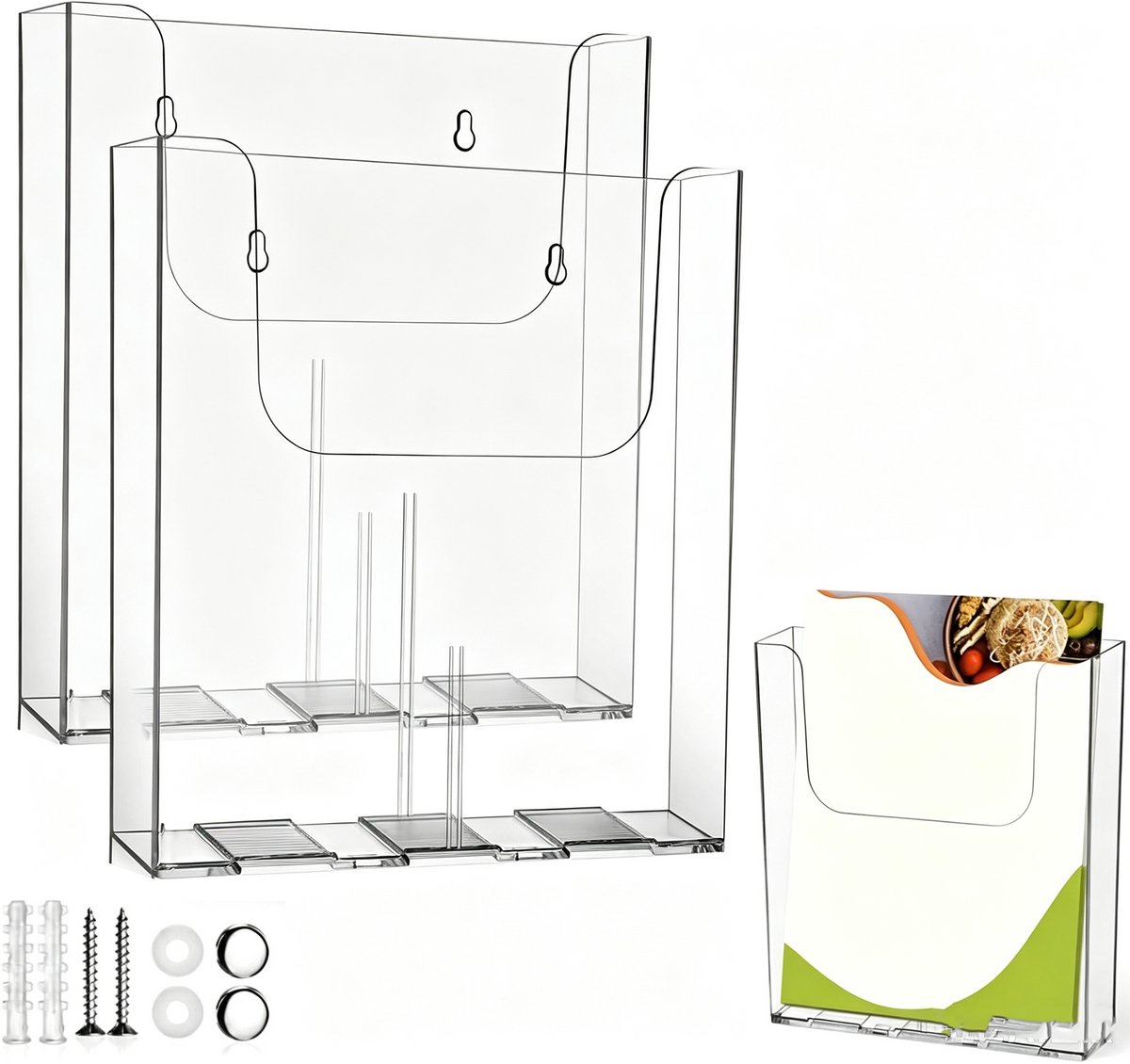 PZCC Tijdschriftenhouder voor de muur - Tijdschriftenhouder wand - Wandorganizer - Tijdschriftenrek- Tijdschriftenrek muur - Display Standaard Acryl - Transparant Tafel Display Rek - Universeel A4 Model voor Restaurant - 4 x 16 x 16 cm - 2 Stuks