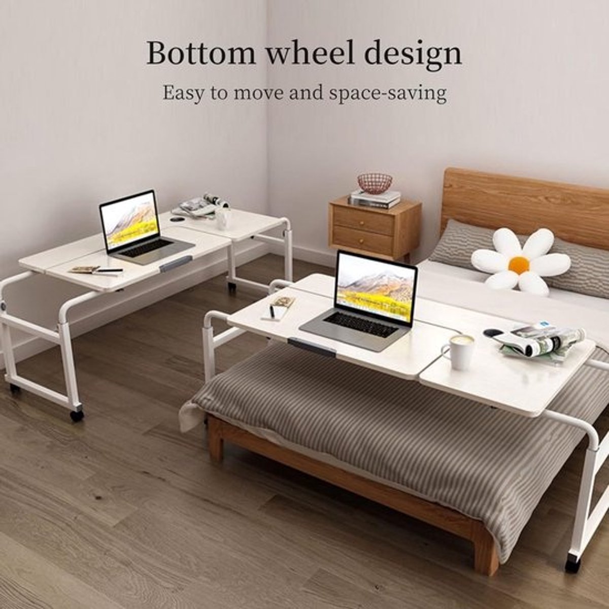 Bedtafel met wielen - Bedbureau Laptoptafel - Mobiel werken - In hoogte verstelbaar - 100/120 cm breed - Teak