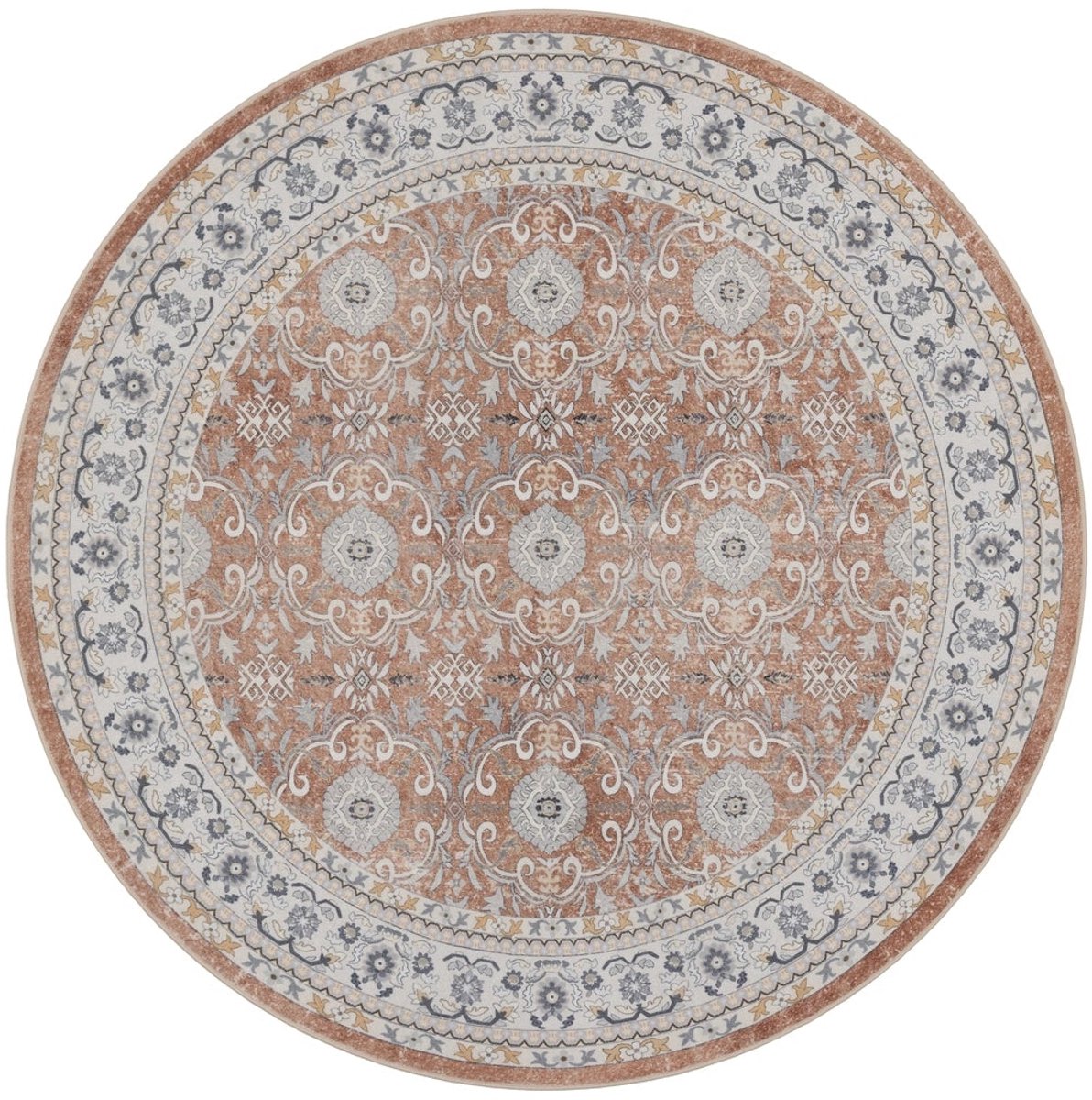 Dutch XXL Rond Vintage Vloerkleed | Tapijt | Inka | Ornamenteel | Terracotta | 160x160 cm