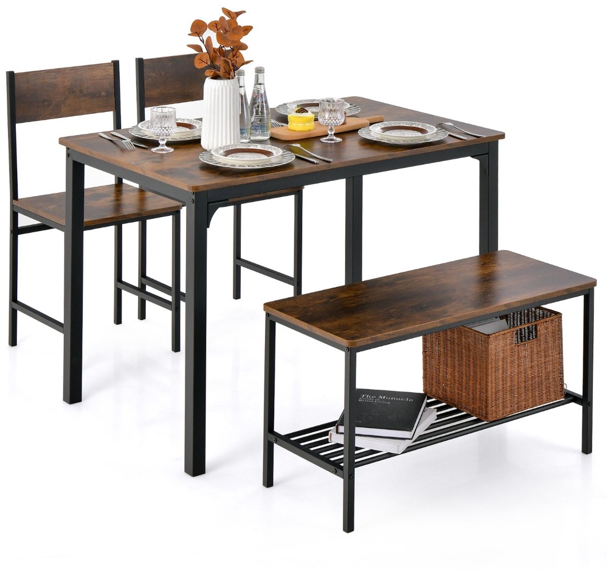 SureDeal® - Eettafel - Delige Keukentafel - Stoelenset Industriële Tafelset - Stoelen - Bank Metalen - 110x70x76 cm - Koffiebruin