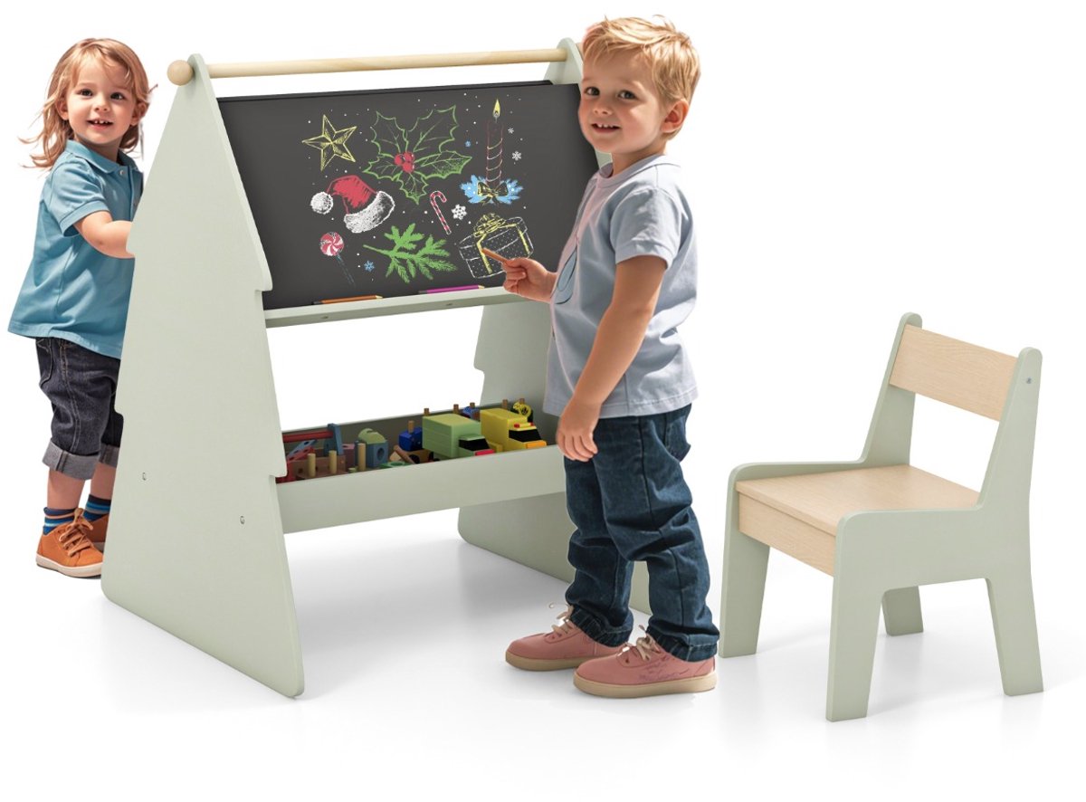 SureDeal® - Boekenkast - Kinderkunst Ezel - Krukje Krukje - Dubbelzijdig Krijtbord - 68x60x80 cm - Groen