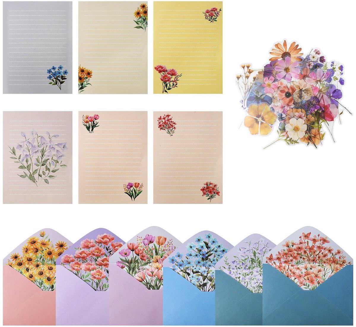 Stationery Set met 24 Bladen en 12 Enveloppen - Inclusief 50 Vintage Bloemenstickers