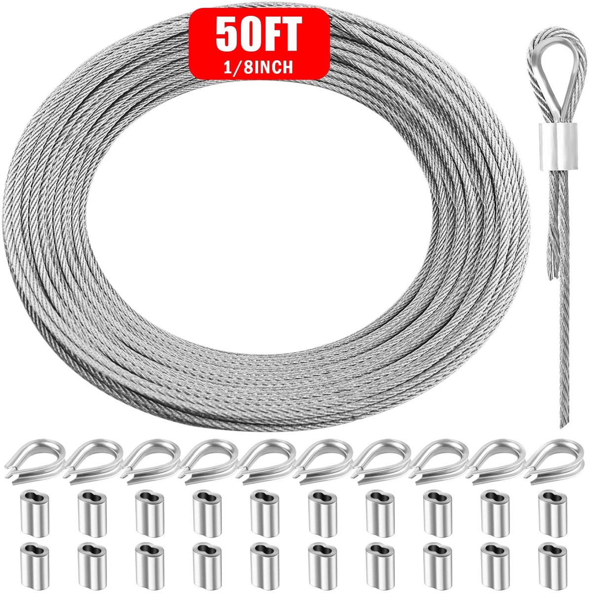 Roestvrijstalen Draadkabel 1/8 inch - 50 voet met 20 Aluminium Mouwen en 10 Vingerhoedjes