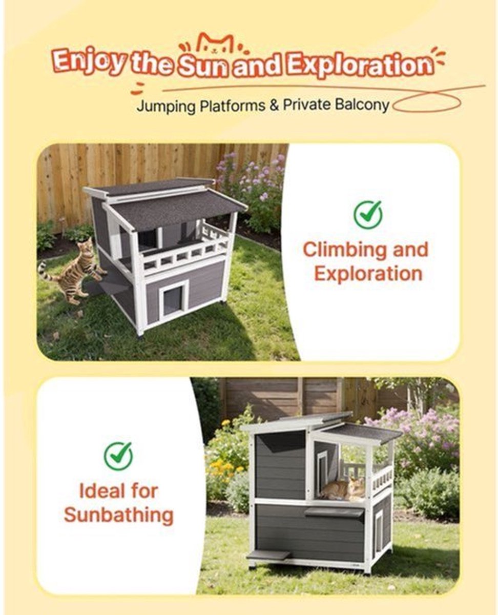 Kattenhuis – Buitenhuis Kattenhok – Kattenverblijf – Kattenhuisje – 2-Verdiepingen Houten Kattenhuis – Geïsoleerd Met Schuim – Weerbestendig En Ruim Voor 1-3 Katten