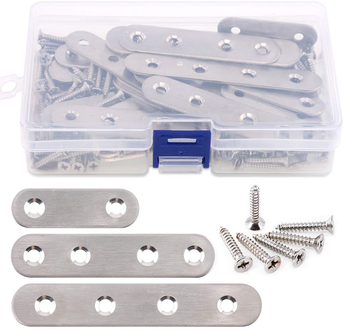 35-stuks 2"/3"/4" RVS Platte Rechte Beugels Herstellen Joining Platen Reparatie Bevestigingsbeugel Connector en 80 stks Schroeven Set, Totaal 115 stuks, Zilver