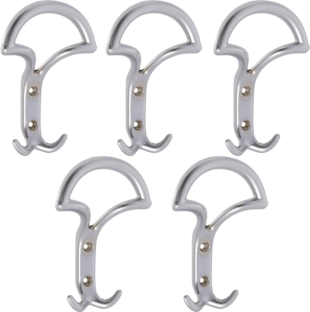 - C64365 - Set van 5 drievoudige wandhaken 145x92x44 mm - haak hanger kleerhanger dubbele -ophanging kapstok hoed badjas badkamer handdoek douche toilet - van metaal - zilverkleurig mat