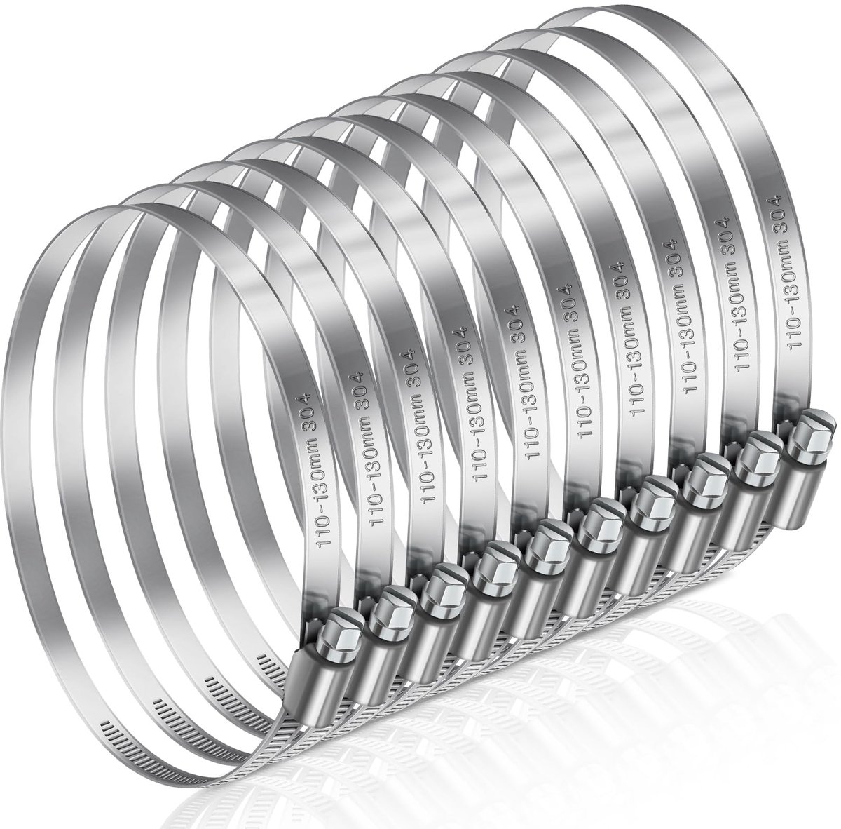 Slangklemset van 8 verstelbare slangklemmen, roestvrij staal 304, 110-130 mm, voor auto, industrie, aansluiten en bevestigen van leidingen