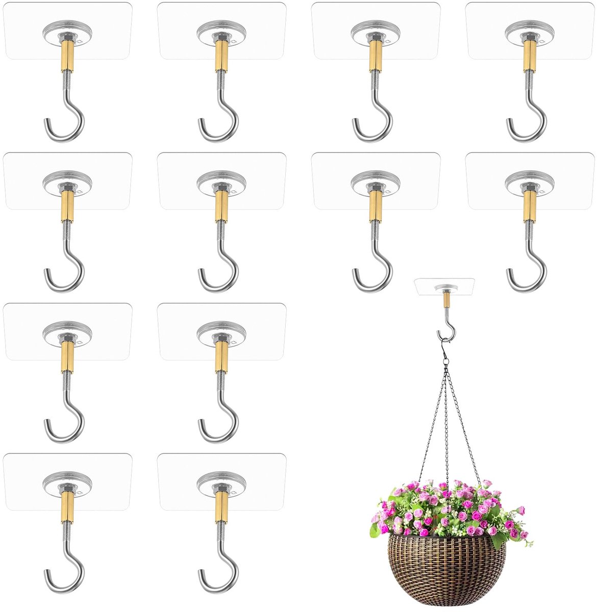 12 stuks plafondhaken, zelfklevende plafondhaken, zonder boren, kleefhaken, extra sterk, zware belasting, plafondhaken om op te hangen, badkamer, keuken, kantoor, planten, bloempotten