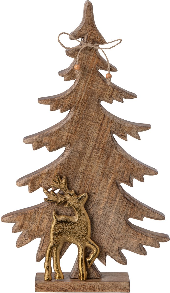 J-Line dennenboom met rendier - mangohout - naturel/goud - medium
