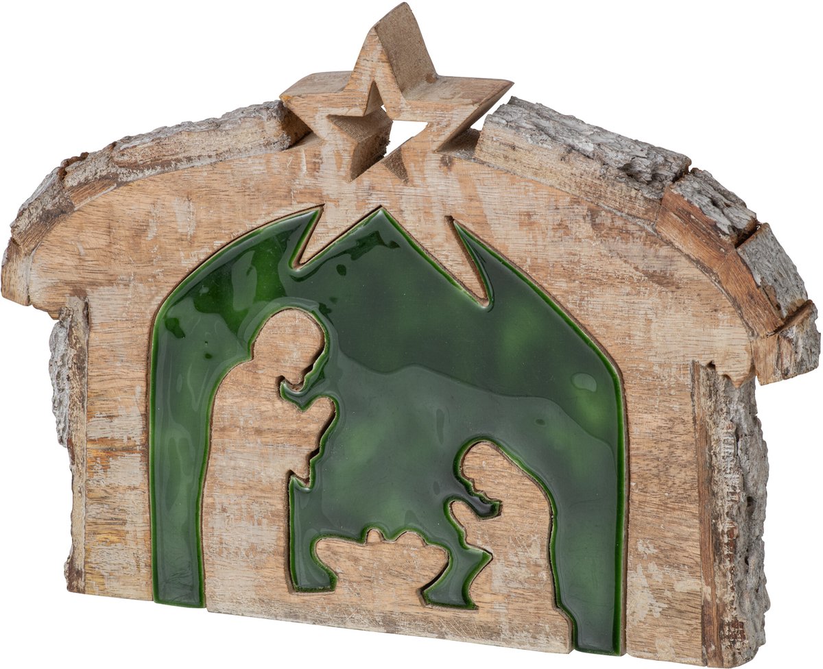 J-Line Kerststal met schors - mangohout - naturel/donkergroen - large