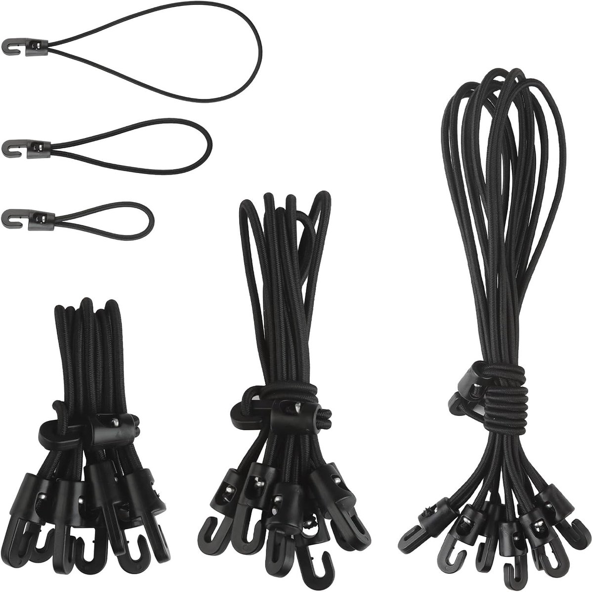 Bungee-koord met Haken, 24 Stuks (25 cm/15 cm/10 cm), Expander met J-Haak, Dekzeilspanner, Rubberen Spanner voor Dekzeilen, Tent, Net, Camping