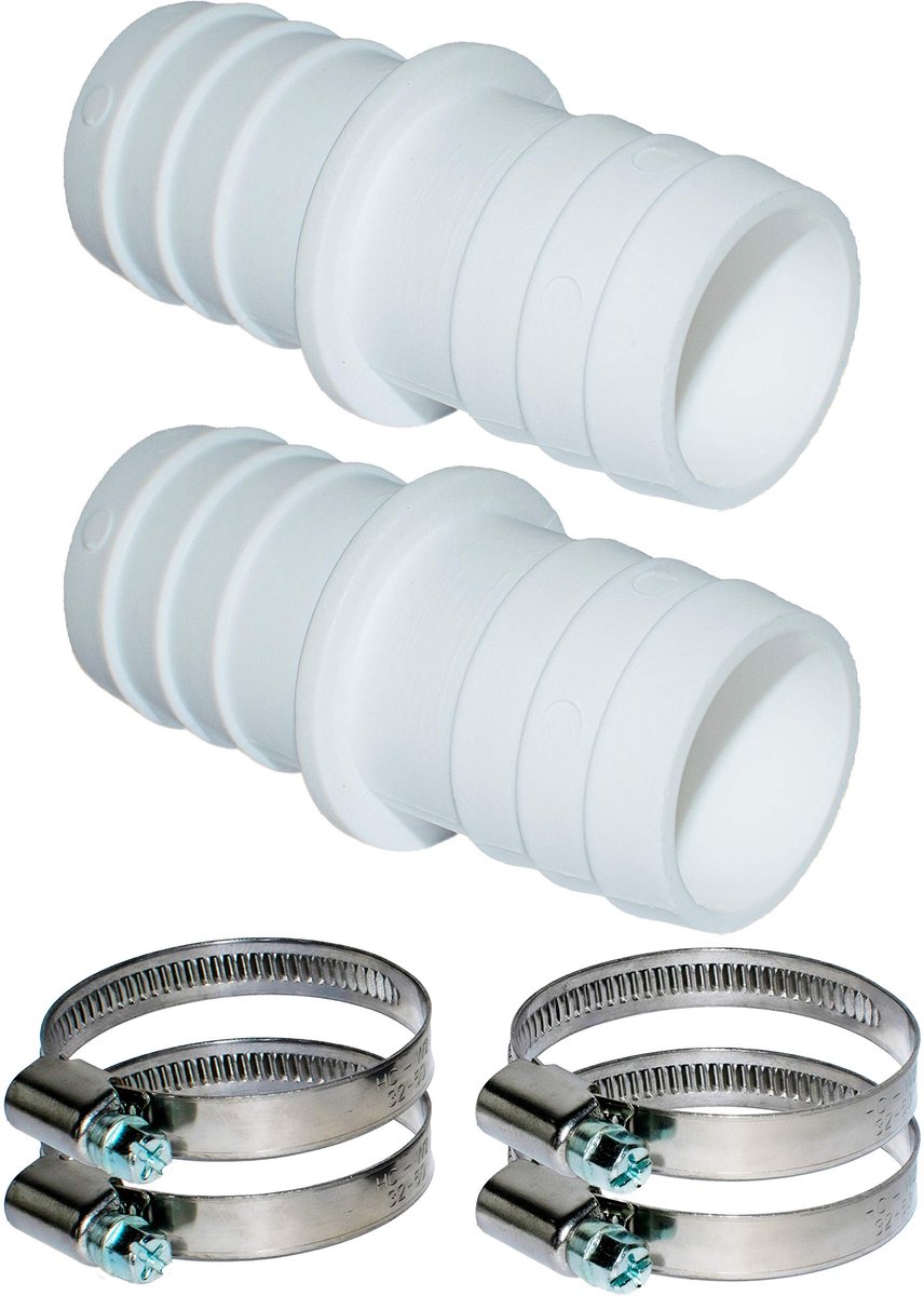 2 x slangaansluitingen 32 mm diameter set met slangklemmen 1 1/4 inch – zwembad slangadapter – dubbele slangmondstuk set van 2