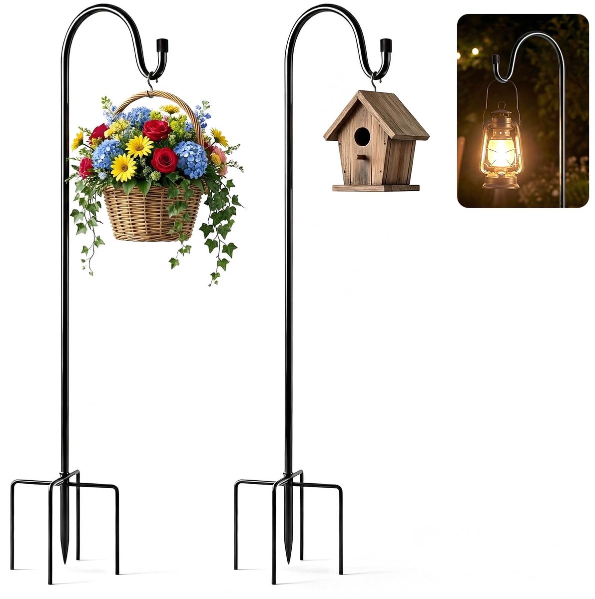 Set van 2 tuinberghaken, metalen palen van 120 cm, instelbare hoogte, geschikt voor lantaarnhouders, hangende manden, bloempotten en nestkasten.