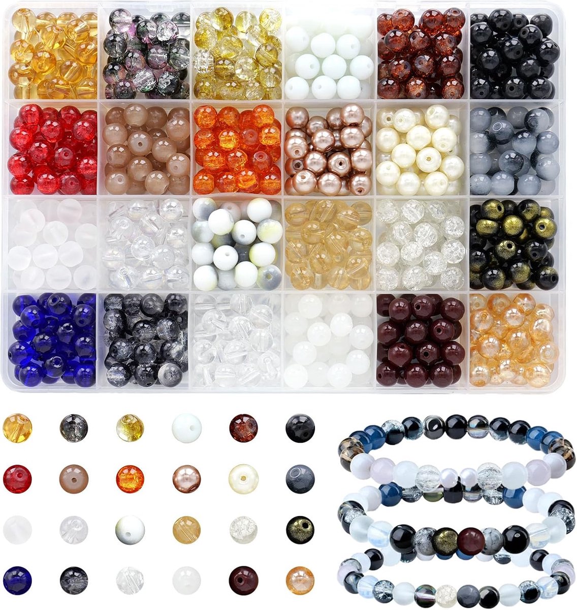 Kralen voor het maken van armbanden 24 kleuren 8mm glazen kraal armband maakset kristal edelsteen kralen voor armbanden kettingen oorbellen maken DIY ambachten (zwart)