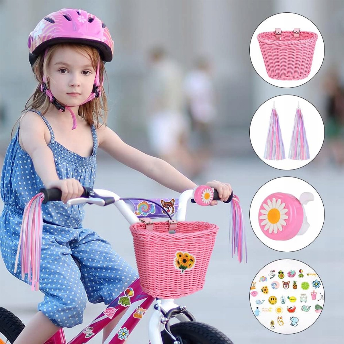 Kinderfietsmand met Bel en Decoraties - Roze