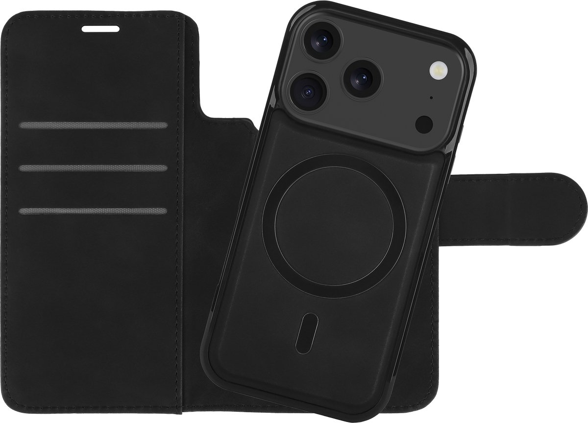 Just in Case hoesje geschikt voor iPhone 18 Pro / 17 Pro Hoesje met Pasjeshouder geschikt voor MagSafe - Uitneembare 2-in-1 Premium Bookcase - Zwart