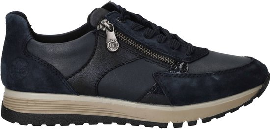 Donkerblauwe Rieker sneaker met ritssluiting en veters. Zijkant met suède en glanzende details.